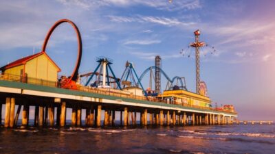 Romantic sunset at Galveston Pleasure Pier one of the best things to do in galveston texas for couples
